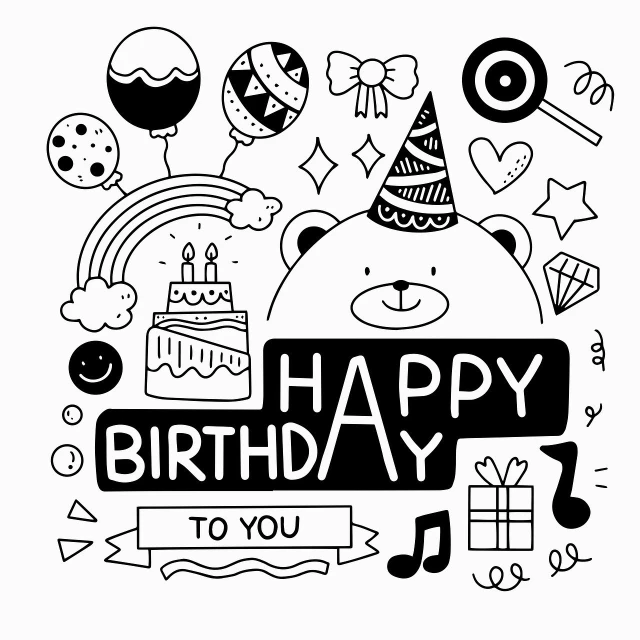 a black and white birthday card with a teddy bear, vector art, by Kubisi art, pixabay, graffiti, stickers illustrations, on the white background, vectorial, ad image
