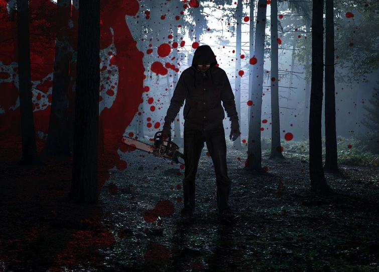 a man standing in a forest holding a chainsaw, inspired by Clark Voorhees, pixabay, digital art, blood spray, evening!! in the forest, crime scene photo, [[blood]]