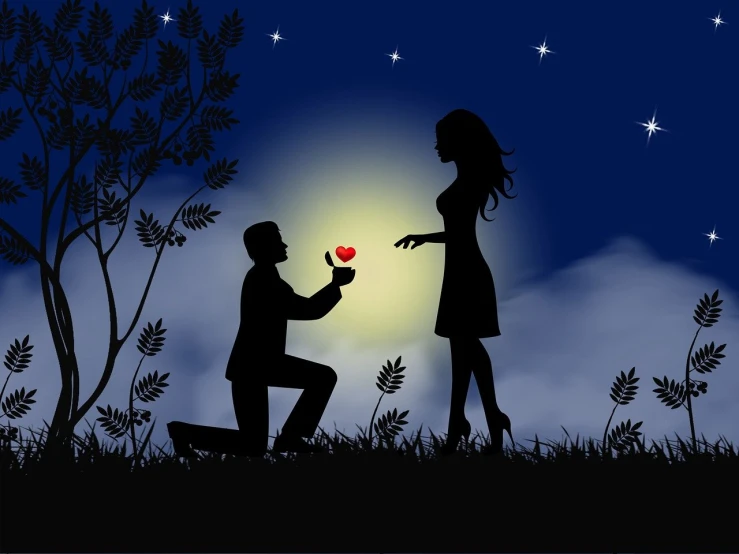 a man kneeling in front of a woman holding an apple, a picture, trending on pixabay, romanticism, it is night time, clipart, love is begin of all, wallpaper!