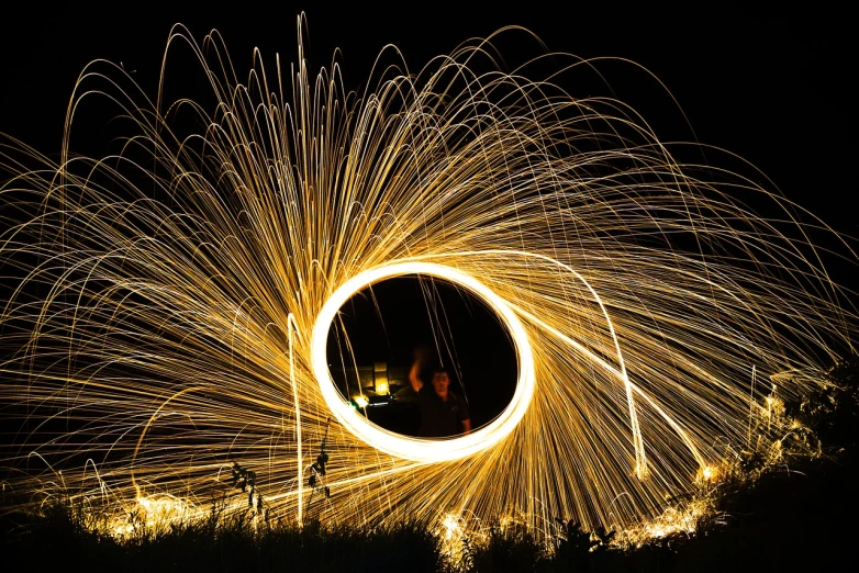 a person standing in front of a ring of fire, by Erwin Bowien, flickr, process art, some chaotic sparkles, golden curve composition, intricate!!, night shot