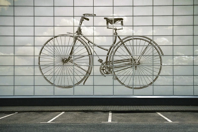 a drawing of a bicycle on the side of a building, an etching, by Ai Weiwei, flickr, glass wall, retro style ”, tiled, photoreal render