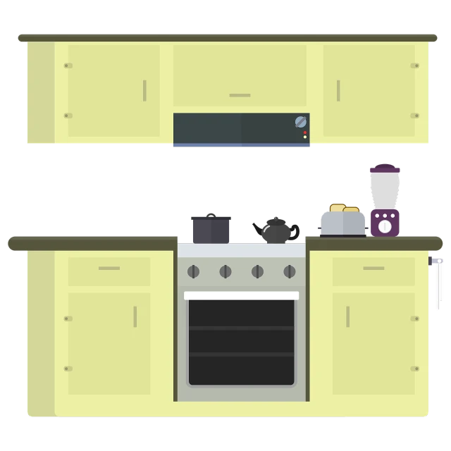 a kitchen with a stove and a blender, an illustration of, minimalism, on a flat color black background, cupboards, sharp high detail illustration, yellow color scheme