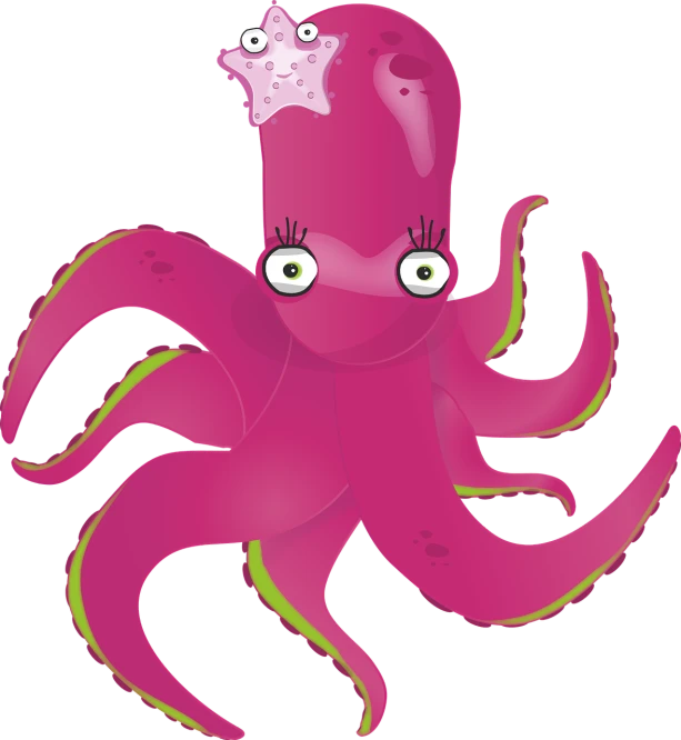 a pink octopus with a crown on its head, inspired by Pinchus Kremegne, deviantart contest winner, dada, !!! very coherent!!! vector art, the stars are fish in the depths, sharp photo, fleshy creature above her mouth