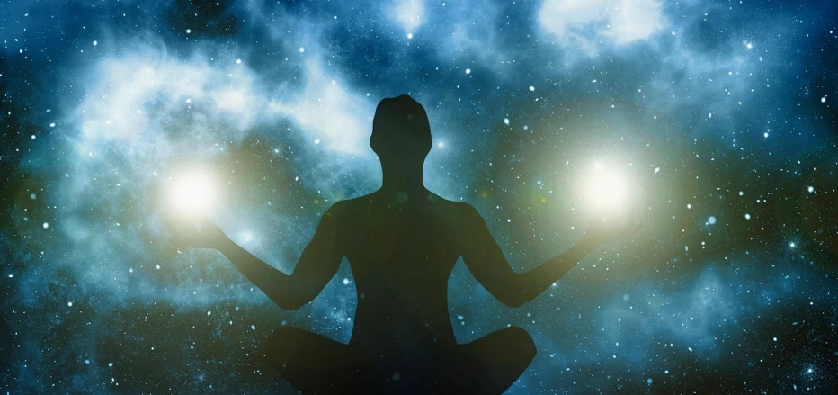 a person sitting in the middle of a space filled with stars, digital art, shutterstock, light and space, anjali mudra, sitting cross-legged, open portal to another dimension, ethereal back light