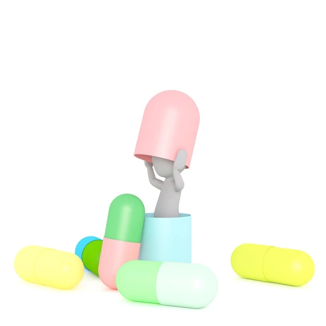 a person sitting on top of a pile of pills, an illustration of, by Okuda Gensō, plasticien, isolated on white background, mouse photo, 2 d cg, multiple arms