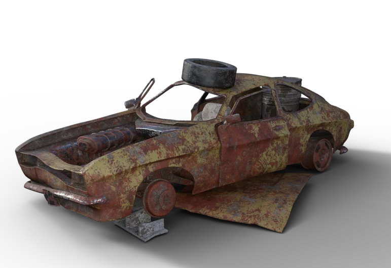 a rusted out car sitting on top of a piece of paper, a 3D render, by senior environment artist, polycount contest winner, racecar, highly detailed textured 8k, moldy, realistic paint job