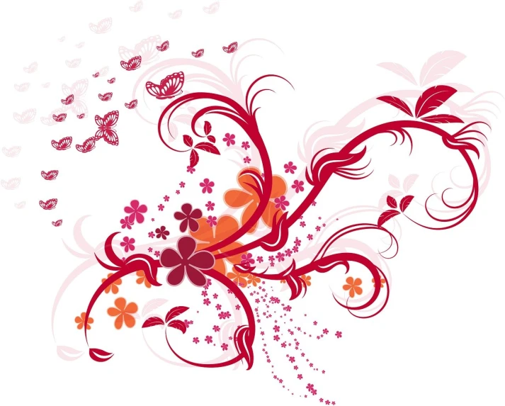 a red and white floral design with butterflies, vector art, flickr, figuration libre, vortex of plum petals, design on a white background, !!! very coherent!!! vector art, colorful vines