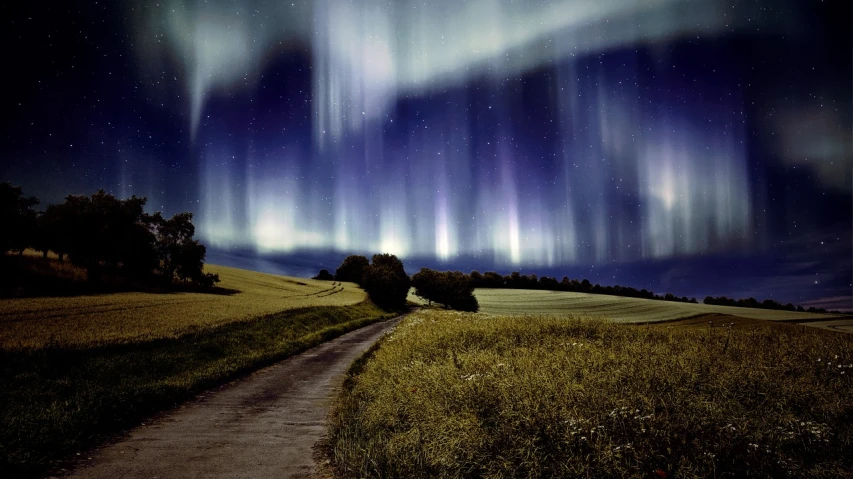 an image of the aurora bore in the sky, a matte painting, by Eugeniusz Zak, tumblr, swedish countryside, beatiful lights, beauttiful stars, slow shutter