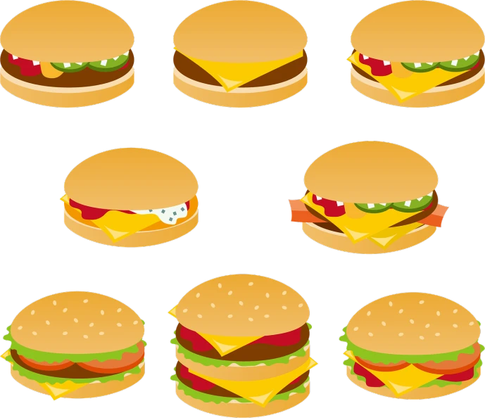 a set of six hamburgers with different toppings, by Adam Manyoki, flash animation, screen capture, icon pattern, with a black background