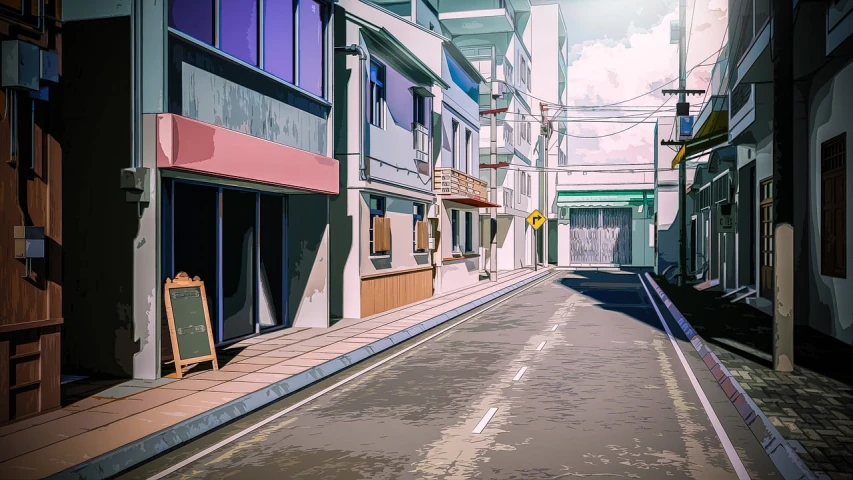 a city street filled with lots of tall buildings, a digital painting, pixiv, artwork empty daylight, nagatoro, anime still image, in a sunny day