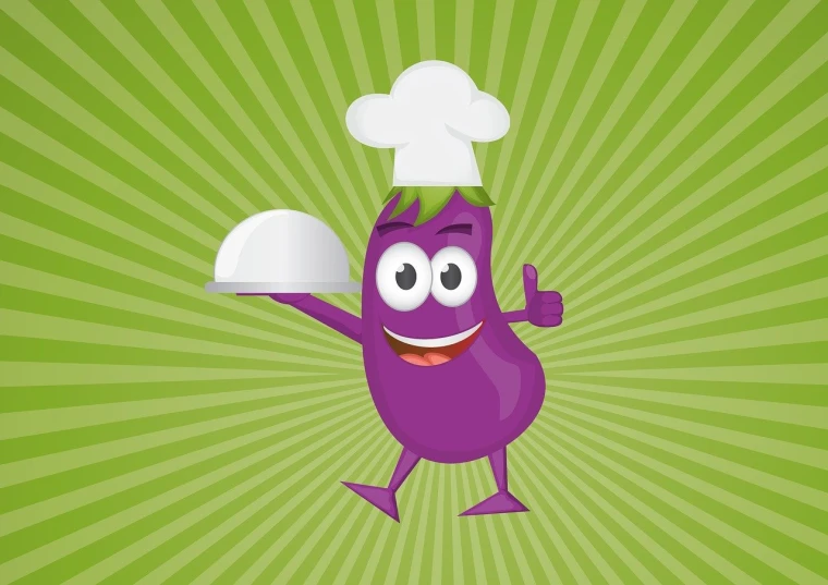 a purple egg character holding a silver platter, an illustration of, inspired by Doug Ohlson, pixabay, happy chef, beets, purple green color scheme, giving the thumbs up