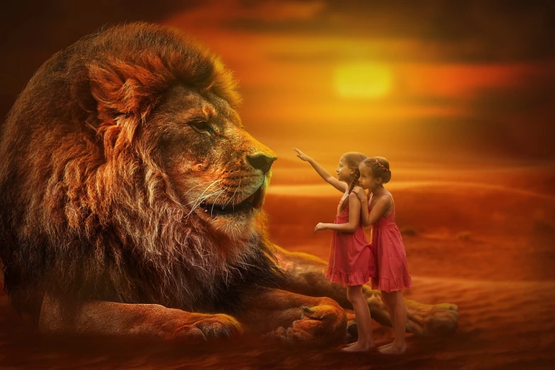 a little girl standing next to a big lion, digital art, golden hour photo, gently caressing earth, award winning masterpiece photo, beautiful painting of friends