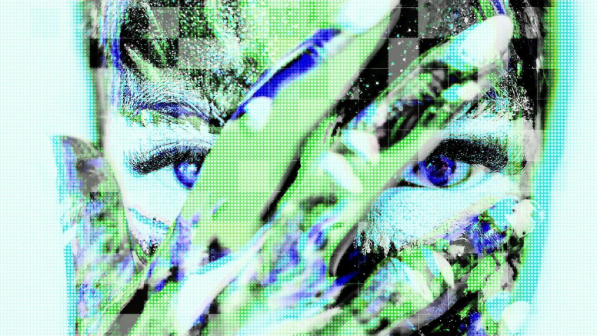 a close up of a person with blue eyes, digital art, inspired by Gao Cen, halftone, green skin with scales, ( ( glitch art pixel sorting ) ), 1 2 0 0 dpi scan