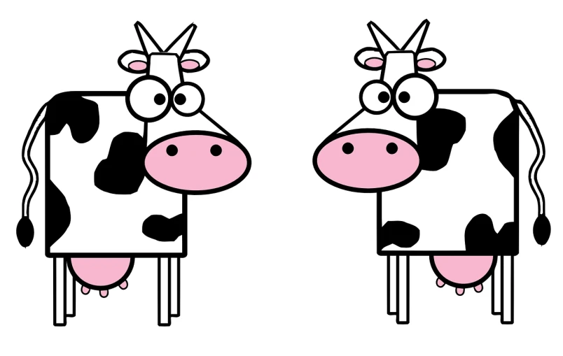 a couple of cows standing next to each other, a picture, pixabay, conceptual art, two identical symmetrical eyes, white background : 3, japanese animation style, long necks