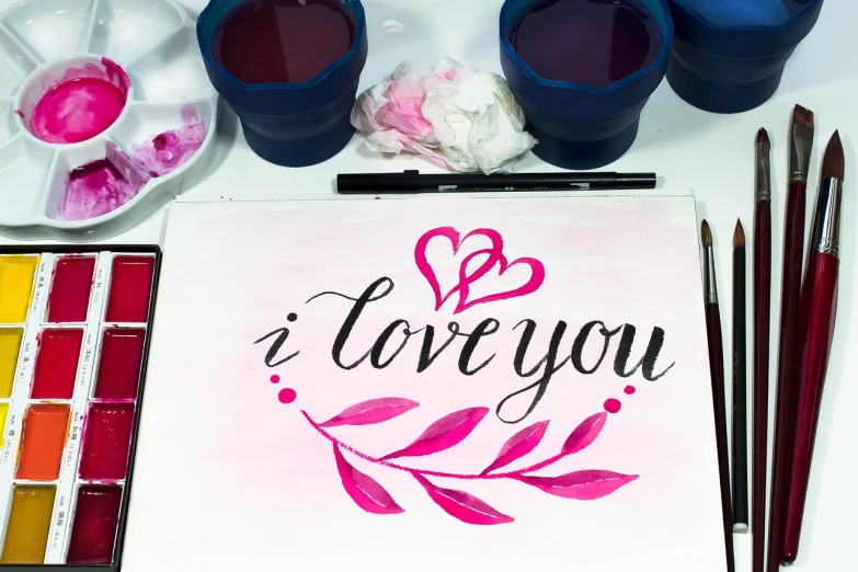 a painting with the words i love you painted on it, a watercolor painting, inspired by Valentine Hugo, process art, brush painting, in romantic style, 🎨🖌️, (pink colors)