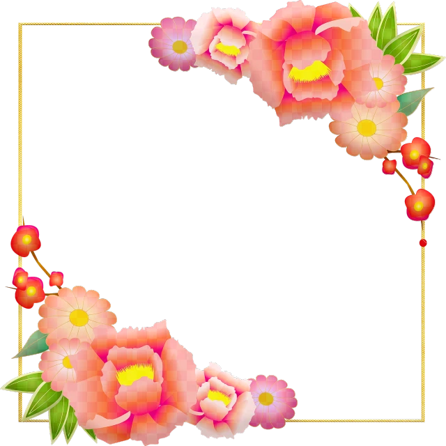 a floral frame with pink flowers and green leaves, a pastel, sōsaku hanga, the background is black, marigold background, square, coral