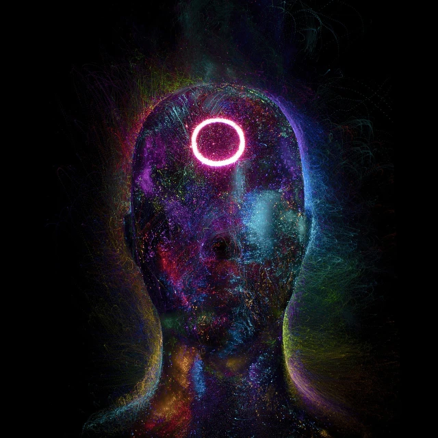 a man with a neon ring on his head, digital art, spiritual science, tragedy of the mind - driven, aura of power. detailed, universe