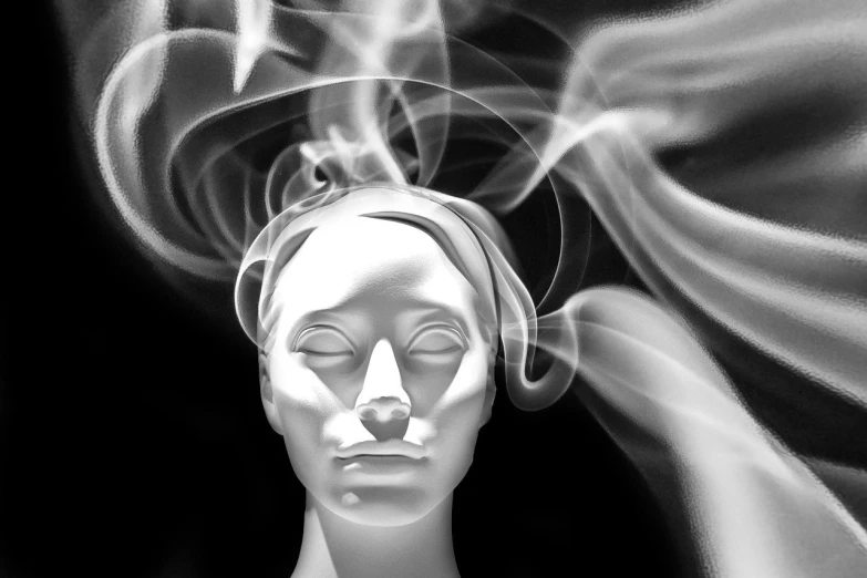 a black and white photo of a mannequin head, an ambient occlusion render, inspired by Anna Füssli, digital art, whirling smoke radiant colors, smoking weed, dreaming face, sage smoke