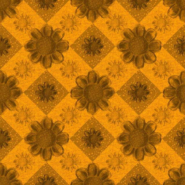 a pattern of flowers on a yellow background, a digital rendering, rusted metal and sunflowers, squares, warm orange lighting, graphite