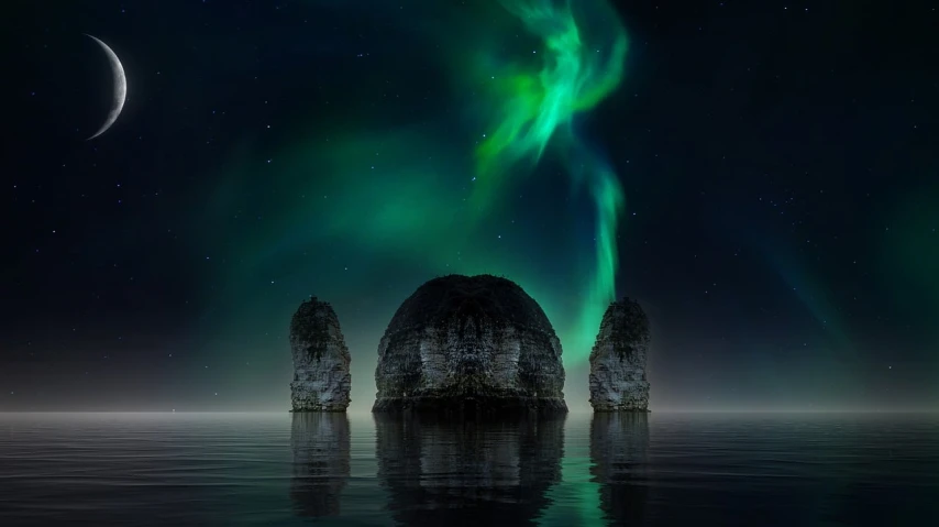 a group of rocks sitting on top of a body of water, by Alexander Kucharsky, shutterstock contest winner, romanticism, ethereal aurora spirits, galaxy reflected in helmet, high quality fantasy stock photo, green scary lights