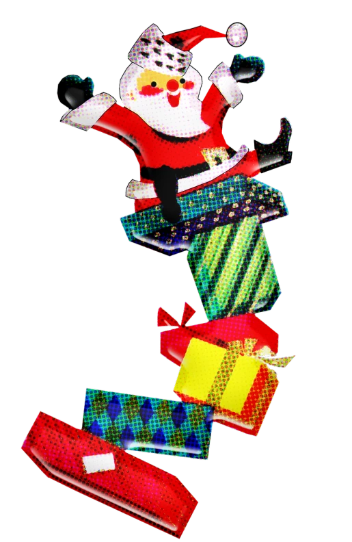 a santa clause flying through the air with presents, a digital rendering, ( ( glitch art ) ), with a black background, 7 feet tall, detail