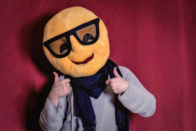 a close up of a person wearing a smiley face mask, a picture, inspired by Karl Pümpin, figuration libre, plush mascot, sunglasses and a scarf, giving a thumbs up to the camera, edited in photoshop