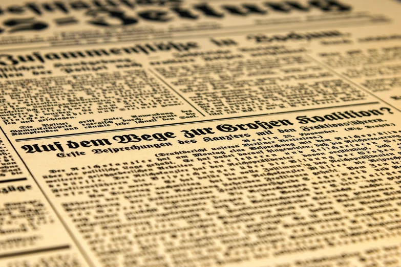 a close up of a newspaper on a table, by Thomas Häfner, pexels, bauhaus, yellowed paper, header text”, historical, mega-detailed