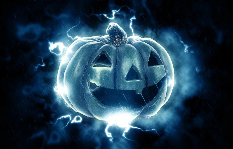 a halloween pumpkin with lightning coming out of it, a digital rendering, shutterstock, dramatic white and blue lighting, mid shot photo, photo - manipulation, raining