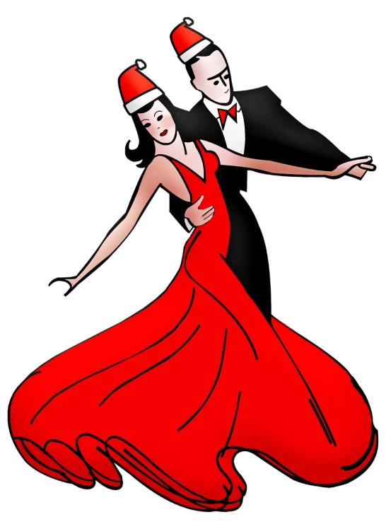 a woman in a red dress and a man in a tuxedo, by Hugh Hughes, pixabay, santa, she is dancing. realistic, flapper, drawn in a noir style
