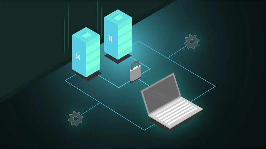 a laptop computer sitting on top of a table, a computer rendering, by Micha Klein, shutterstock, holography, standing in a server room, isometric illustration, hasbulla, high definition screenshot