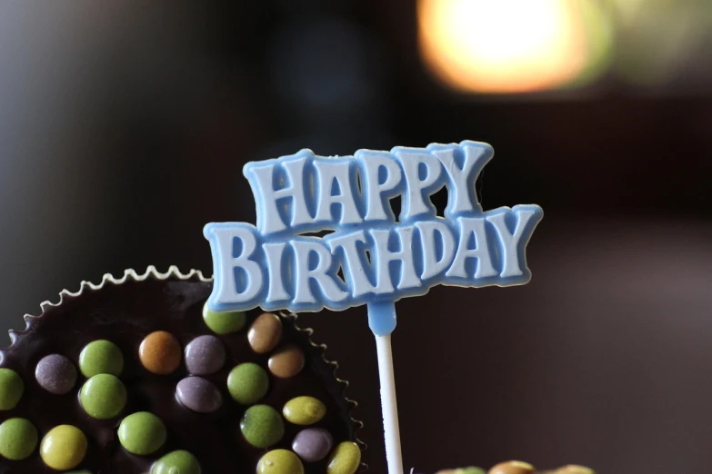 a cupcake with a happy birthday candle on top of it, by Sam Dillemans, flickr, blue-black, candy decorations, closeup at the food, brown