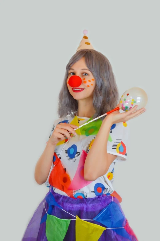 a woman in a clown costume holding a balloon, inspired by Yayou Kusama, toyism, cosplay photo, gray, cute colorful adorable, soap bubble