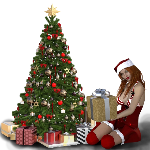 a woman sitting in front of a christmas tree, a digital rendering, inspired by Alison Kinnaird, pixabay, figuration libre, 3/4 view realistic, gifts, -h 1024, bottom angle