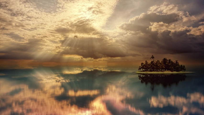 a small island in the middle of a body of water, inspired by Henri Biva, shutterstock, romanticism, golden clouds, tropical location, magical stormy reflections, wide establishing shot