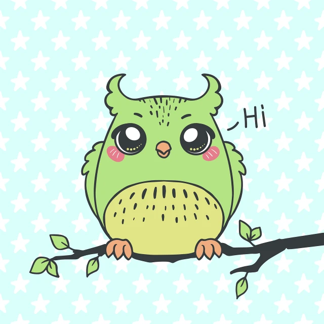 a green owl sitting on top of a tree branch, a pastel, inspired by Hinchel Or, trending on pixabay, happening, japanese kawaii style, 😃😀😄☺🙃😉😗, card template, cute horns