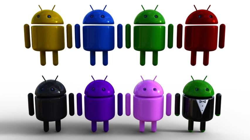 a group of androids sitting next to each other, a digital rendering, inspired by Android Jones, shutterstock, rainbow sheen, dark colors!, android cameraphone, full of colour 8-w 1024