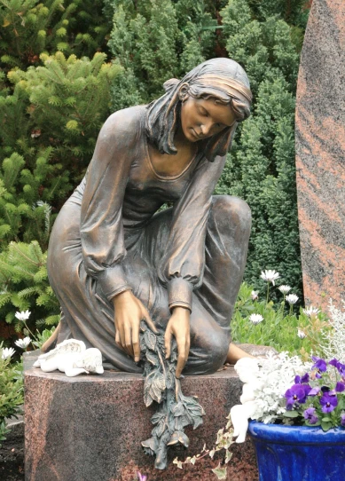 a statue of a woman kneeling on a rock, a statue, inspired by Magdalene Bärens, art nouveau, young victorian sad fancy lady, full - view, gardening, orthodox saint