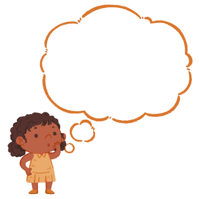 a little girl with a thought bubble above her head, a cartoon, by Odhise Paskali, trending on pixabay, indian girl with brown skin, fluffy orange skin, panel of black, fat cloud
