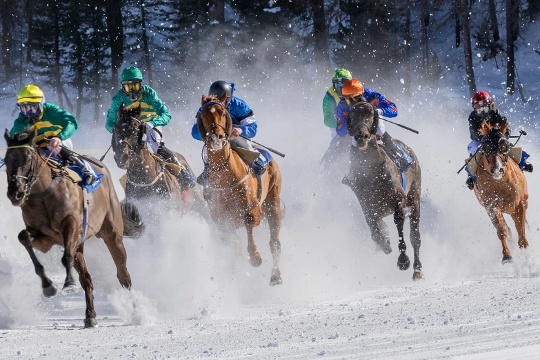 a group of people riding horses in the snow, a portrait, by Svetlin Velinov, shutterstock, in a race competition, technical, 3 4 5 3 1, edited