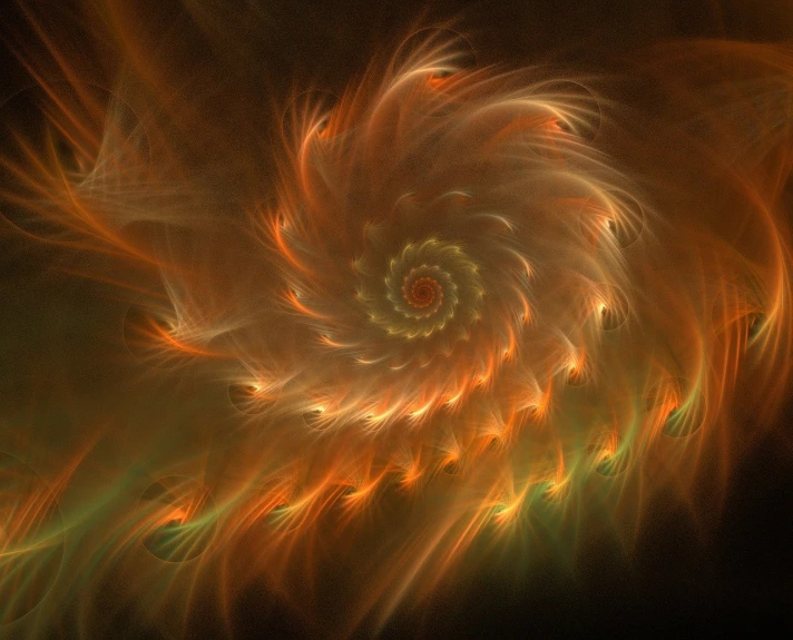 a computer generated image of an orange and green spiral, digital art, inspired by Anna Füssli, glowing feathers, fiery atmosphere, shell, ethereal background