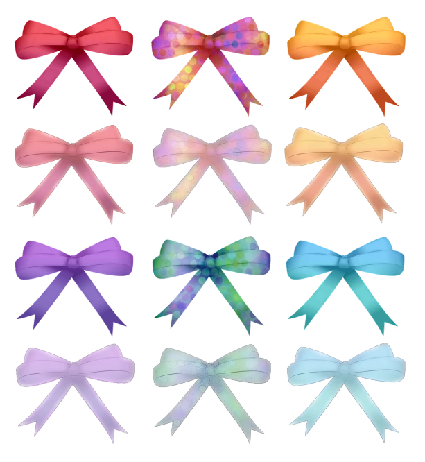 a bunch of different colored bows on a black background, a pastel, sōsaku hanga, made entirely from gradients, seasons!! : 🌸 ☀ 🍂 ❄, highly detailed brush style, tie-dye
