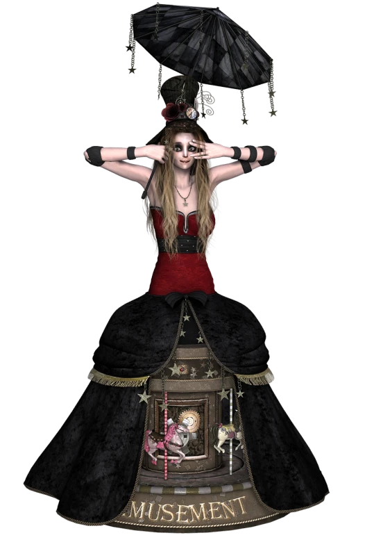 a woman in a black and red dress holding an umbrella, inspired by Chica Macnab, gothic art, trapped inside an hourglass, imvu, an ahoge stands up on her head, steampunk angel