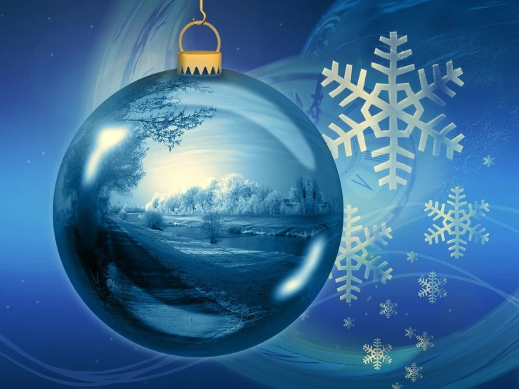 a christmas ornament on a blue background with snowflakes, a picture, digital art, icey tundra background, cool looking, nuclear winter, wintery scene