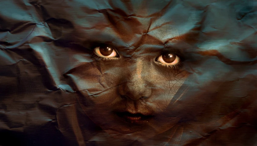 a close up of a face on a piece of paper, a digital painting, by Anna Füssli, shutterstock contest winner, surrealism, children born as ghosts, subject made of cracked clay, portrait of a dark fantasy nymph, with golden eyes