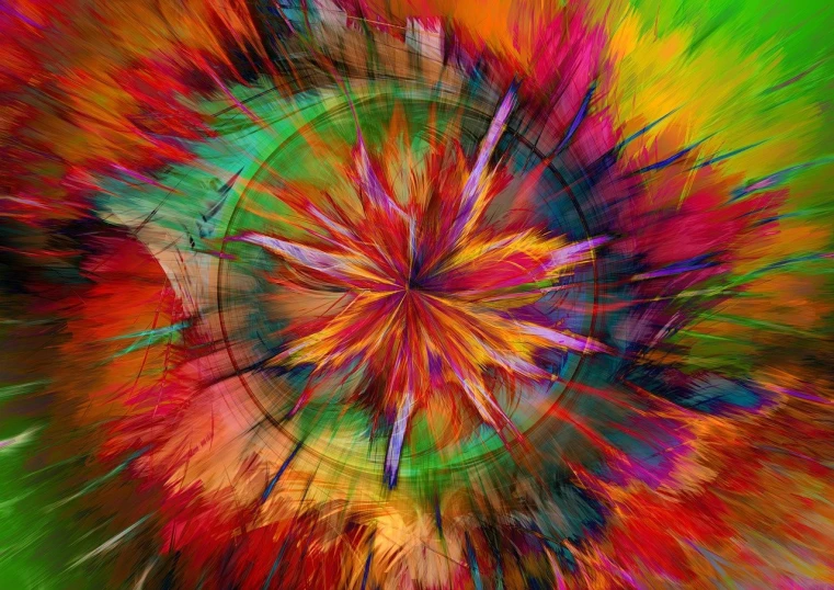 a multicolored picture of a circular object, a digital painting, abstract art, explosion of colorful flowers, autumn wind, red spike aura in motion, compass energy flowing