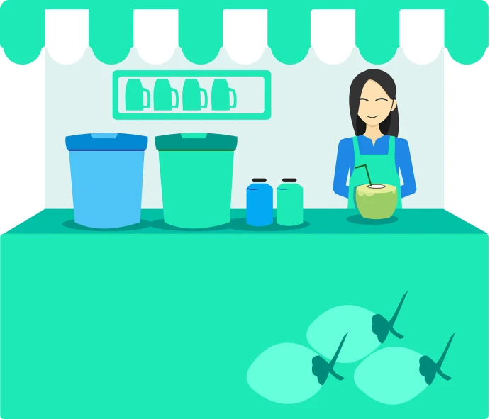 a woman standing in front of a food stand, an illustration of, coconuts, simple and clean illustration, plastic waste, cyan and green