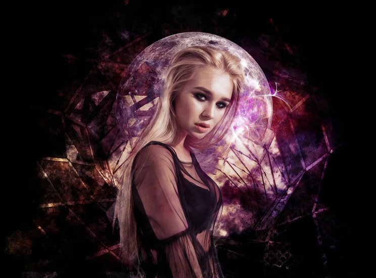 a woman standing in front of a full moon, digital art, gothic art, portrait of kim petras, high quality fantasy stock photo, portrait of jossi of blackpink, hexagon moon