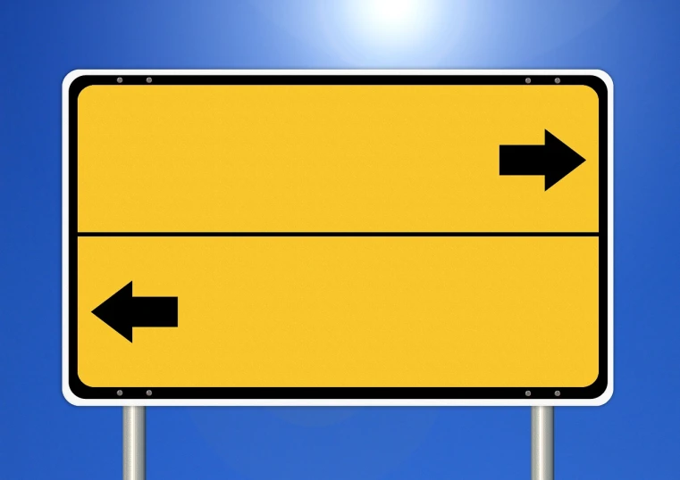 a yellow street sign with two arrows pointing in opposite directions, by Hans Schwarz, pixabay, precisionism, wide-screen, realistic depth, billboard, noon