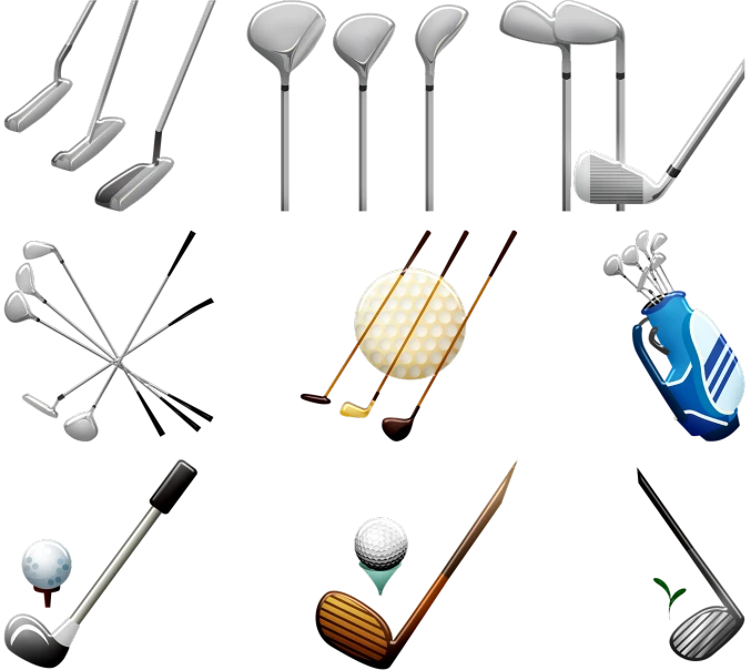 a bunch of different types of golf equipment, a digital rendering, by Robert Jacobsen, deviantart, cobra, icon, glsl - shaders, rectangle, 2
