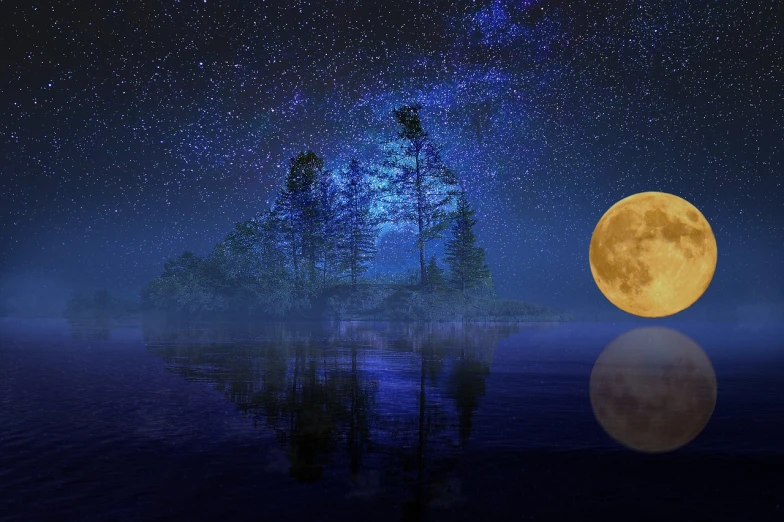 a full moon is reflected in the water, a picture, pexels, romanticism, trees and stars background, yellowish full moon, blue mood, screensaver
